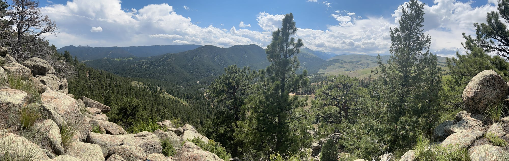 A panoramic view across pine trees, pale boulders and layered mountain ridges under scattered clouds.